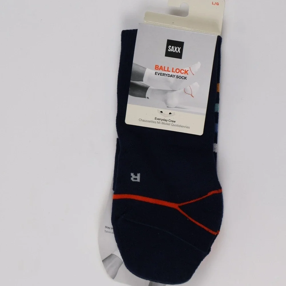 SAXX Crew Socks Ball Lock Everyday Navy Blue Striped Large NWT